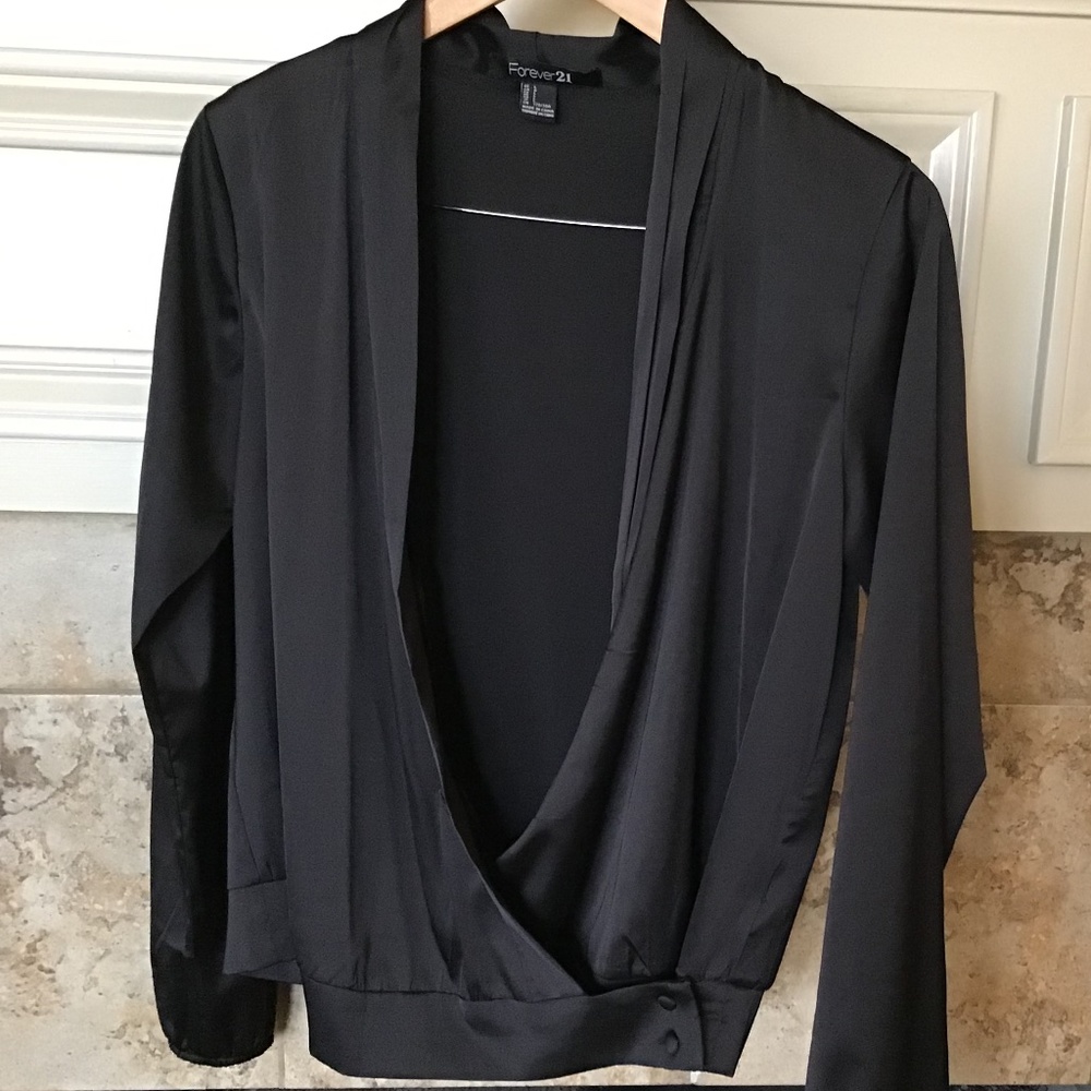 F21 Long Sleeve Open Wrap Satin Top